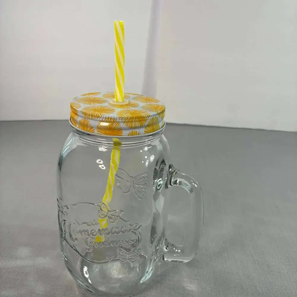 Vintage Simple Homemade Goodness Butterfly Mason Jar Glass Tumbler with Straw